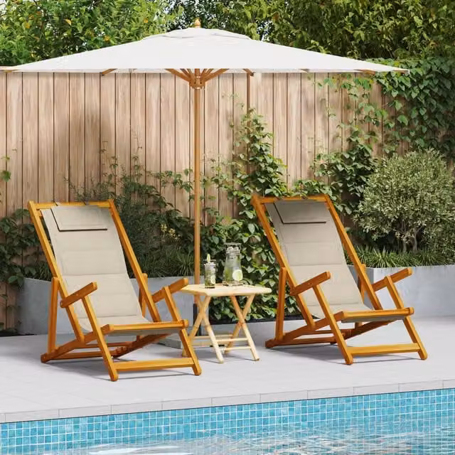Berkfield Home Set of 2 Folding Beach Chairs in Taupe Acacia Wood and Textilene – 1