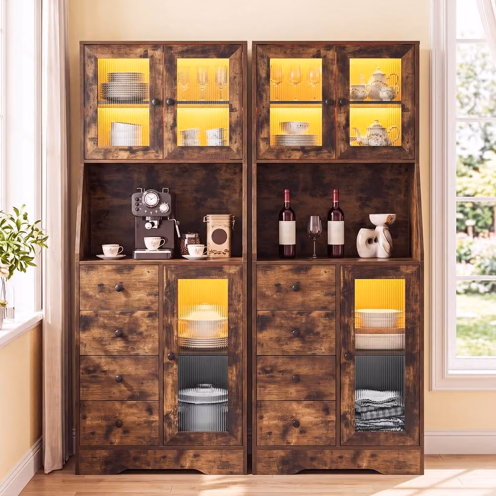 Gymax Freestanding Kitchen Pantry and Coffee Bar Cabinet with Integrated LED Lights in Brown – 3