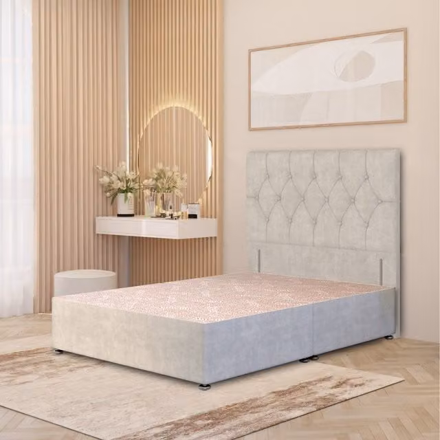 Somnior Beds Ltd Chesterfield Velvet Divan Bed Base with Drawers and Floor Standing Headboard, Silver, W/D/H: 180 x 200 cm