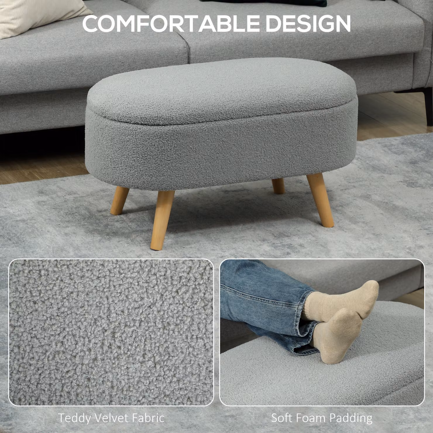 HOMCOM Grey Teddy Fleece and Bouclé Storage Ottoman – 3