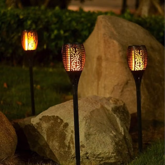 Lighting Legends 96 LED Solar Power Flickering Flame Torch Stake Lights, Black, Pack of 4