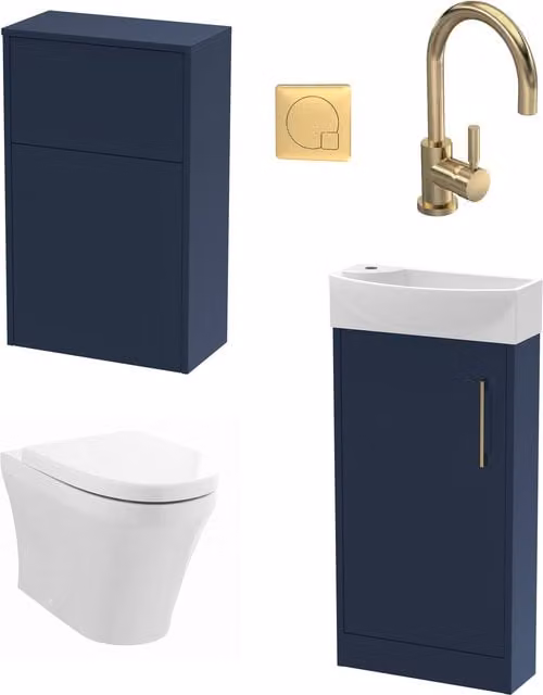 Balterley Modern Cloakroom Suite with Single Door Floor Standing Vanity Unit, Basin, Toilet and Mixer Tap in Blue and Gold – 1
