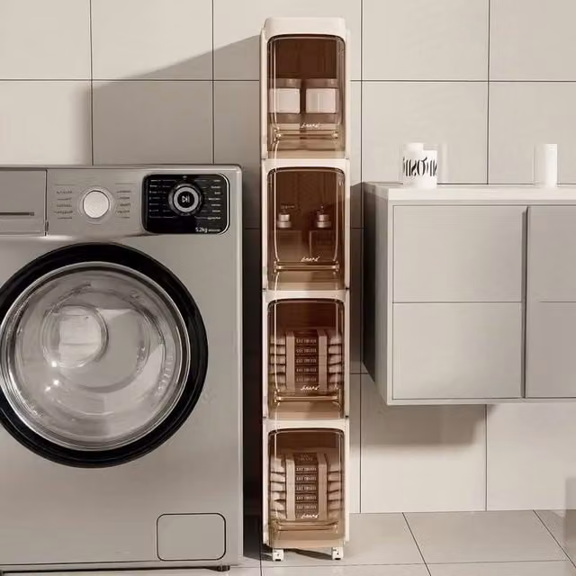SPETLEK 4-Tier Rolling Slim Tall Bathroom Storage Cabinet in Beige