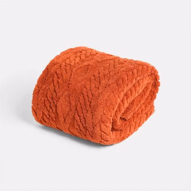 OHS Reversible Cable Knit Ultra Soft Sherpa Fleece Throw Blanket in Burnt Orange, W: 180 cm, D: 200 cm