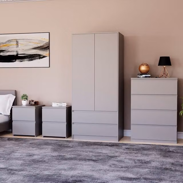 Vida Designs Denver 4 Piece Grey Bedroom Set Including 2 Bedside Tables, 4 Drawer Chest and Wardrobe