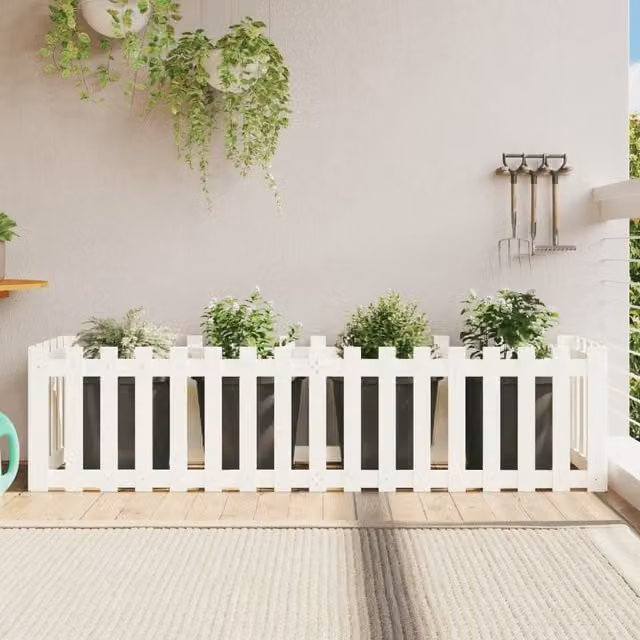 Berkfield Home Garden White Wooden Raised Bed with Fence Design, W/D/H: 200 x 50 x 50 cm – 1