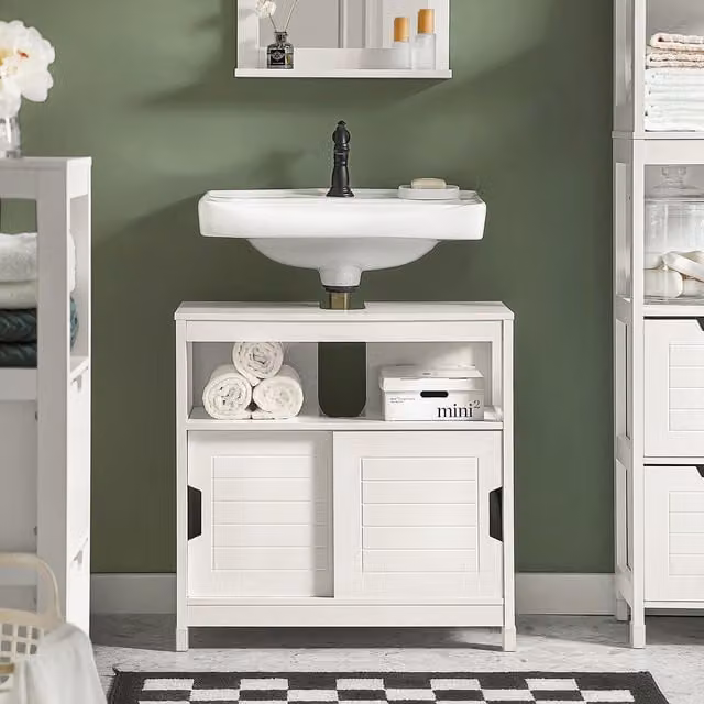 SoBuy Modern White Freestanding Under Sink Bathroom Storage Cabinet with Sliding Doors and Internal Shelves