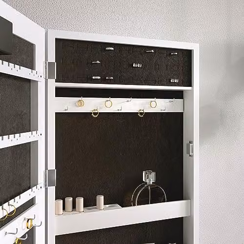 CARME Katie White Jewellery Storage Cabinet with Mirror and LED Lights, Wall Mounted or Tabletop Organiser for Bedroom and Bathroom – 3