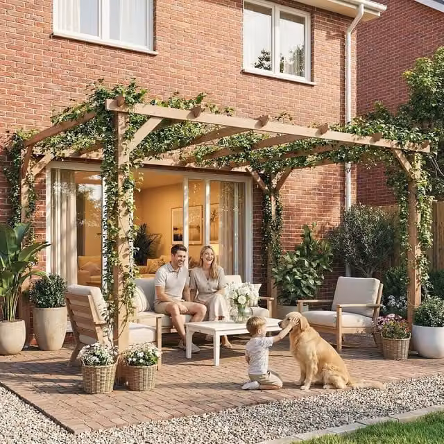 OUTSUNNY Rustic Wooden Garden Pergola Gazebo with Grape Trellis in Natural, Beige and Brown, W: 400 cm, D: 300 cm, H: 205 cm
