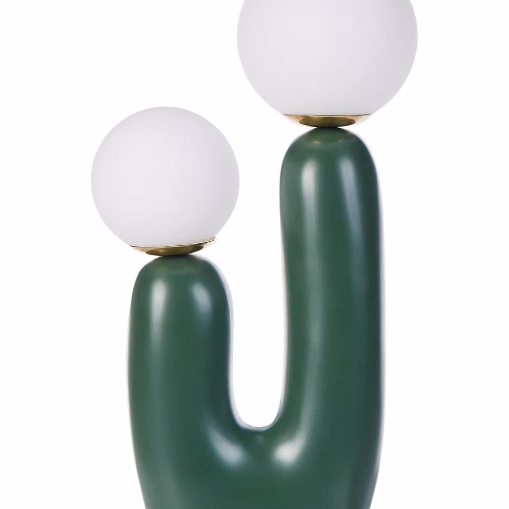 Wyld and Coco Green U-Shaped Resin Table Lamp with Double Transparent Glass Shades and Gold Brass Accents – 2