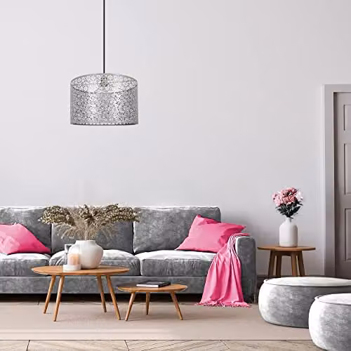 Happy Homewares Moroccan Designed Metal Circular Pendant Light Shade in Matt Grey, Diameter: 40 cm – 2