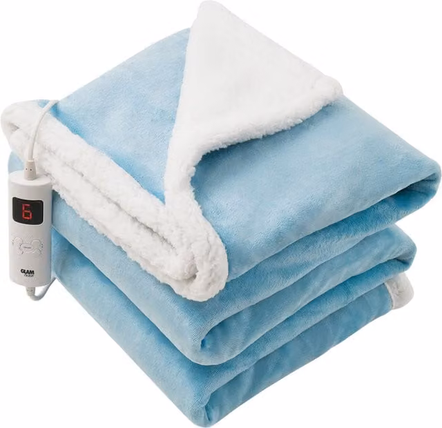Glamhaus Electric Heated Reversible Fleece and Velvet Blanket in Light Blue, W: 160 cm, D: 130 cm