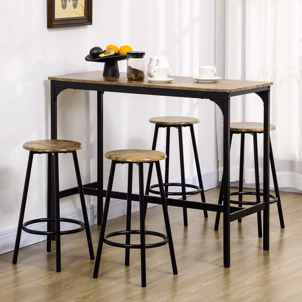 STILVORA Bar Table Set with 4 Stools in Rustic Brown and Black Industrial Style – 2