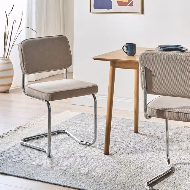 Wyld and Coco Set of 2 Taupe Corduroy Dining Chairs with Metal Legs in Beige
