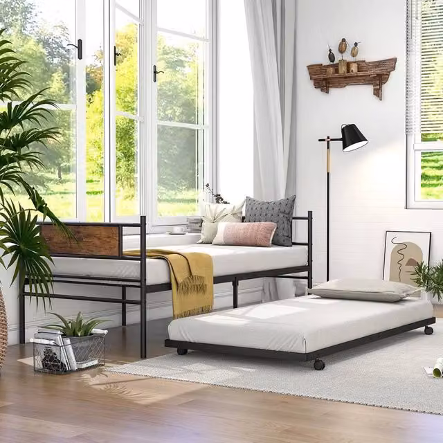 Kelvenix Metal Single Daybed with Pull-out Trundle in Brown, W/D/H: 90 x 200 cm