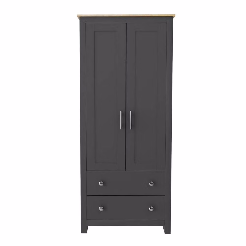 FORGEVIO Grey and Oak 2 Door Wardrobe with Integrated Drawers and Hanging Rail – 2
