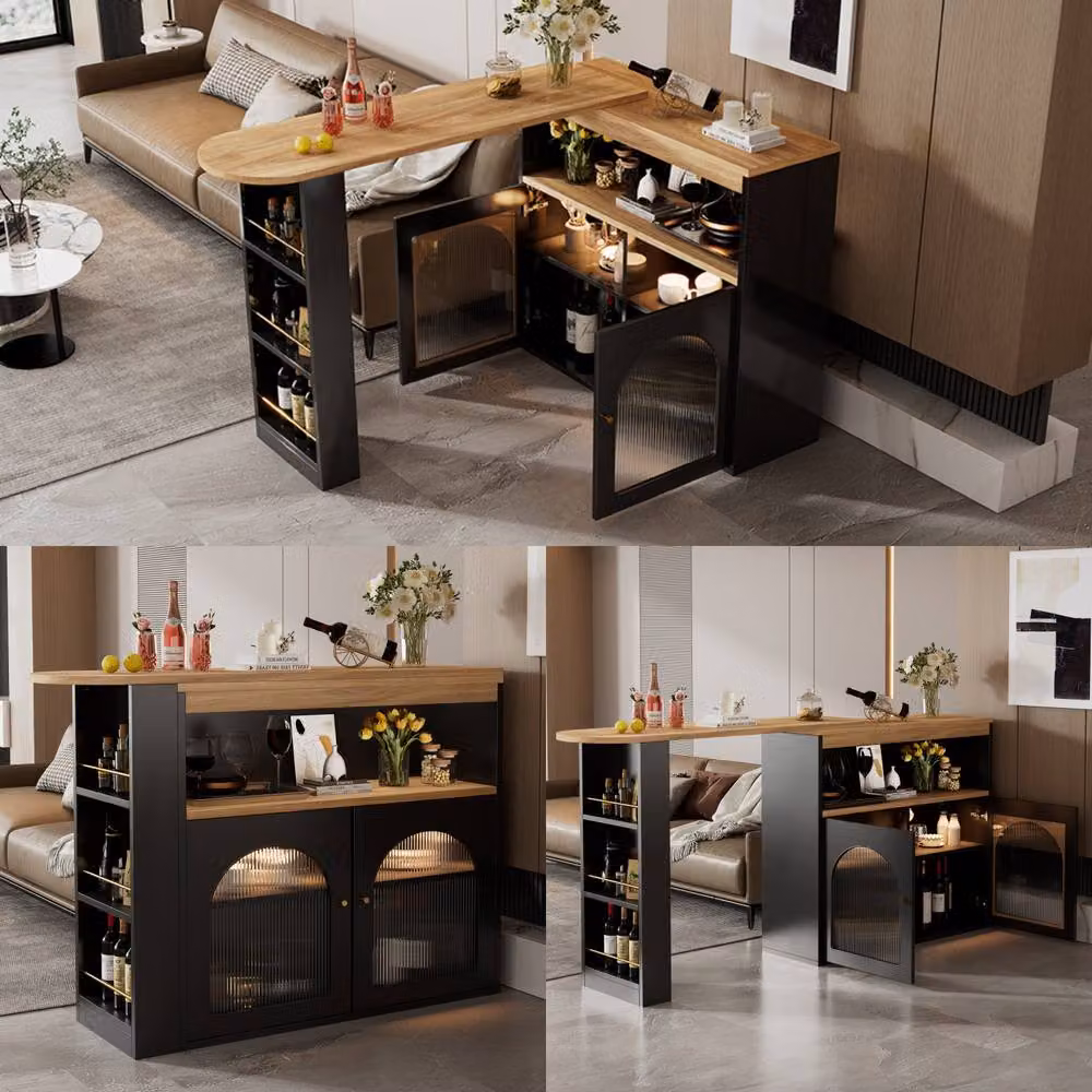 Merax Rotating Breakfast Bar Table with LED Light and Storage in Black – 4