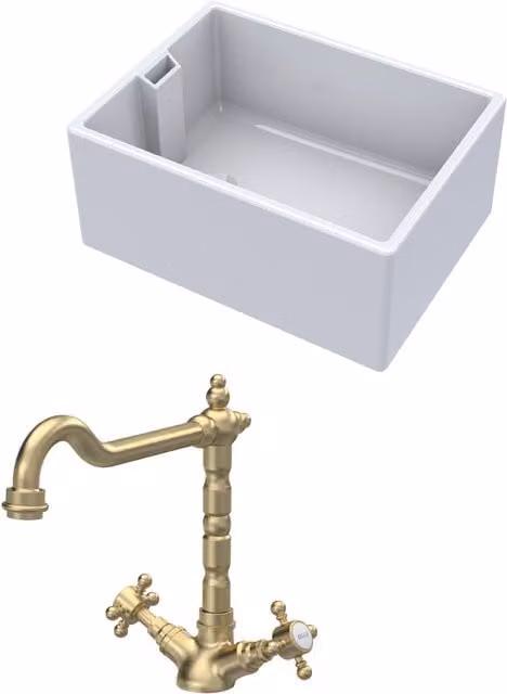 Balterley White Ceramic 1 Bowl Belfast Kitchen Sink with Brushed Brass Tap, Width: 61.5 cm