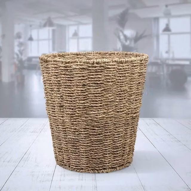 EONLION Round Seagrass Waste Paper Bin Basket in Brown, Diameter: 100 cm – 1