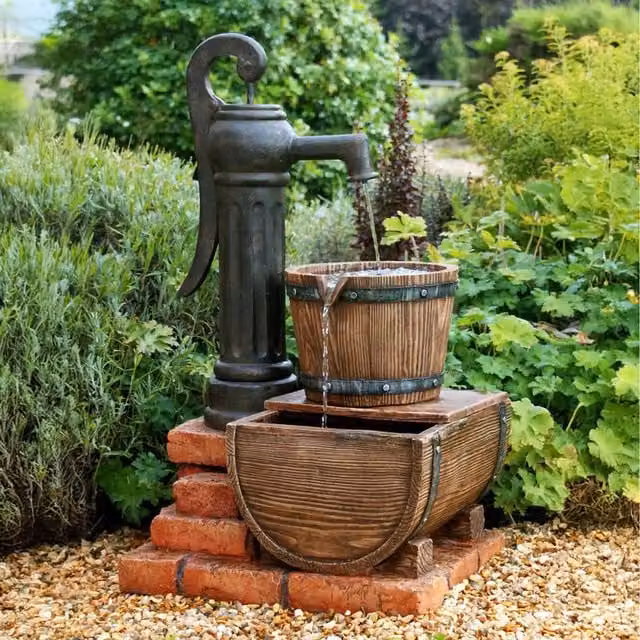 Primrose Rustic Brown Pump Bucket and Barrel Design Water Feature with LED Lights