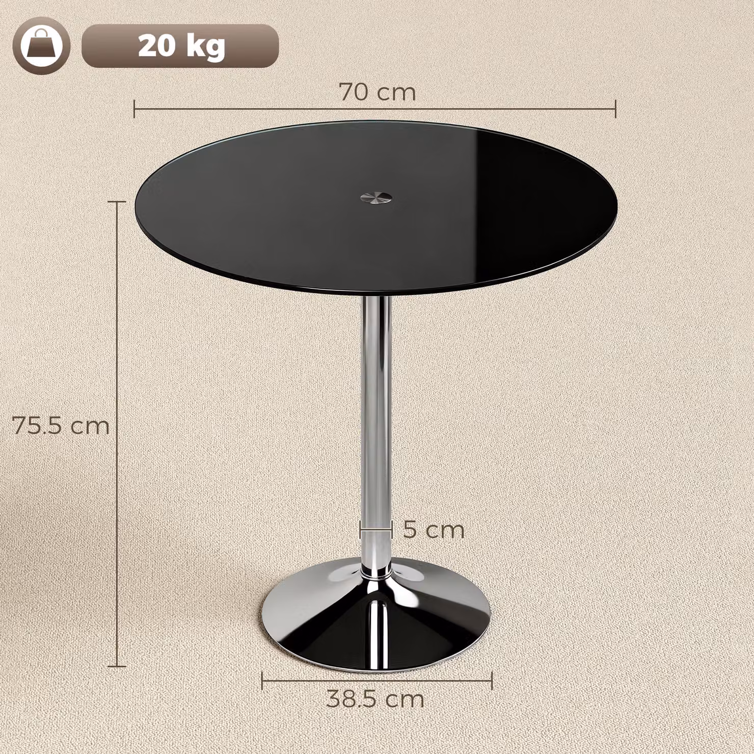 HOMCOM Modern Round Bar Table with Black Glossy Tempered Glass Top and Steel Frame, W/D/H: 70 x 70 x 75.5 cm – 3