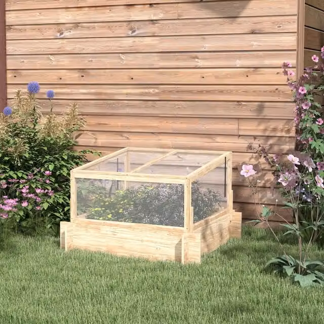 OUTSUNNY Wooden Outdoor Raised Garden Bed with Polycarbonate Cold Frame Greenhouse and Openable Top in Brown and Beige – 1