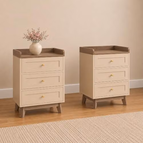 Melody Maison Oswin Pair of Cream and Wood 3 Drawer Bedside Tables, W/D/H: 35 x 47 x 66 cm – 1