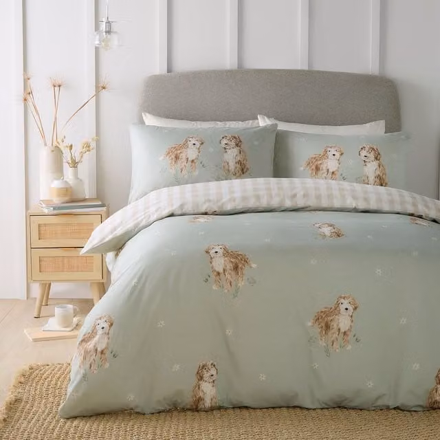 Fusion Hattie the Cockapoo Reversible Dog Print Duvet Cover Set, Peach and Light Green, W: 180 cm, H: 200 cm