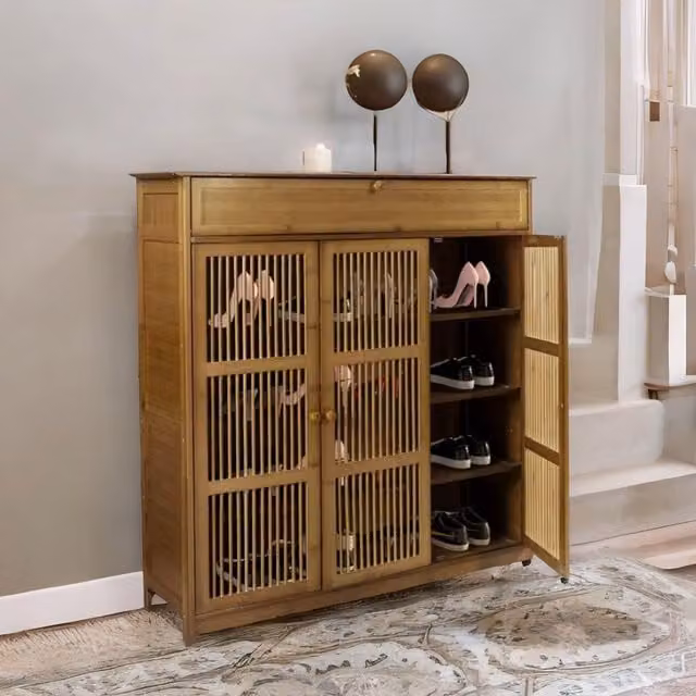 FURNOS Large 4 Tier Wooden Shoe Storage Cabinet Organiser in Brown – 1