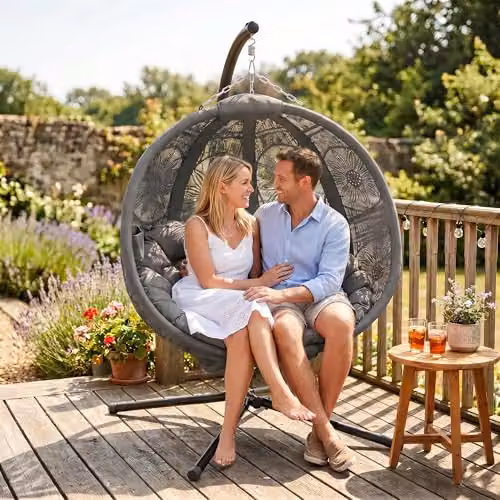Outsunny Egg Hanging Swing Chair with Metal Stand and Side Pocket in Grey – 7