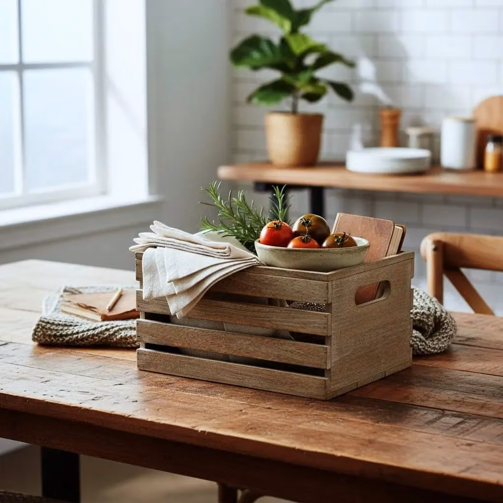 Red Hamper Small Oak Effect Wooden Slatted Open Top Storage Trough with Handles in Brown, W/D/H: 28.0 x 19.0 x 16.0 cm – 2