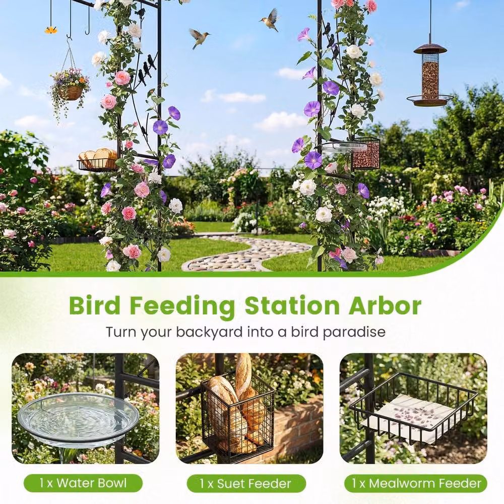 VOGREX Heavy-Duty Garden Arbor Feeding Station in Black Galvanised Steel Trellis Support – 3