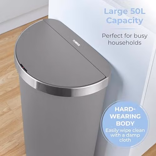 Tower Curved Sensor Bin with Bin Liner Retainer Ring, 50L, Grey with Silver and Black Stainless Steel Trim on Lid – 3