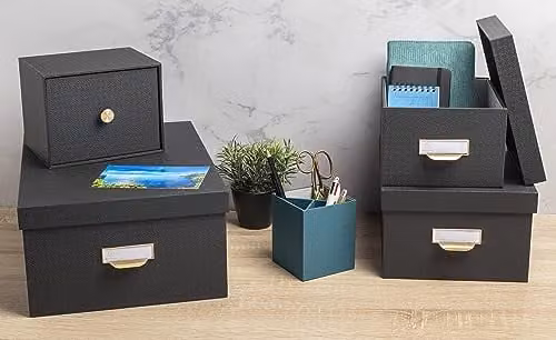 Exacompta Office by Me Set of 3 Nesting Document Boxes in Black Textile Effect Paper – 5