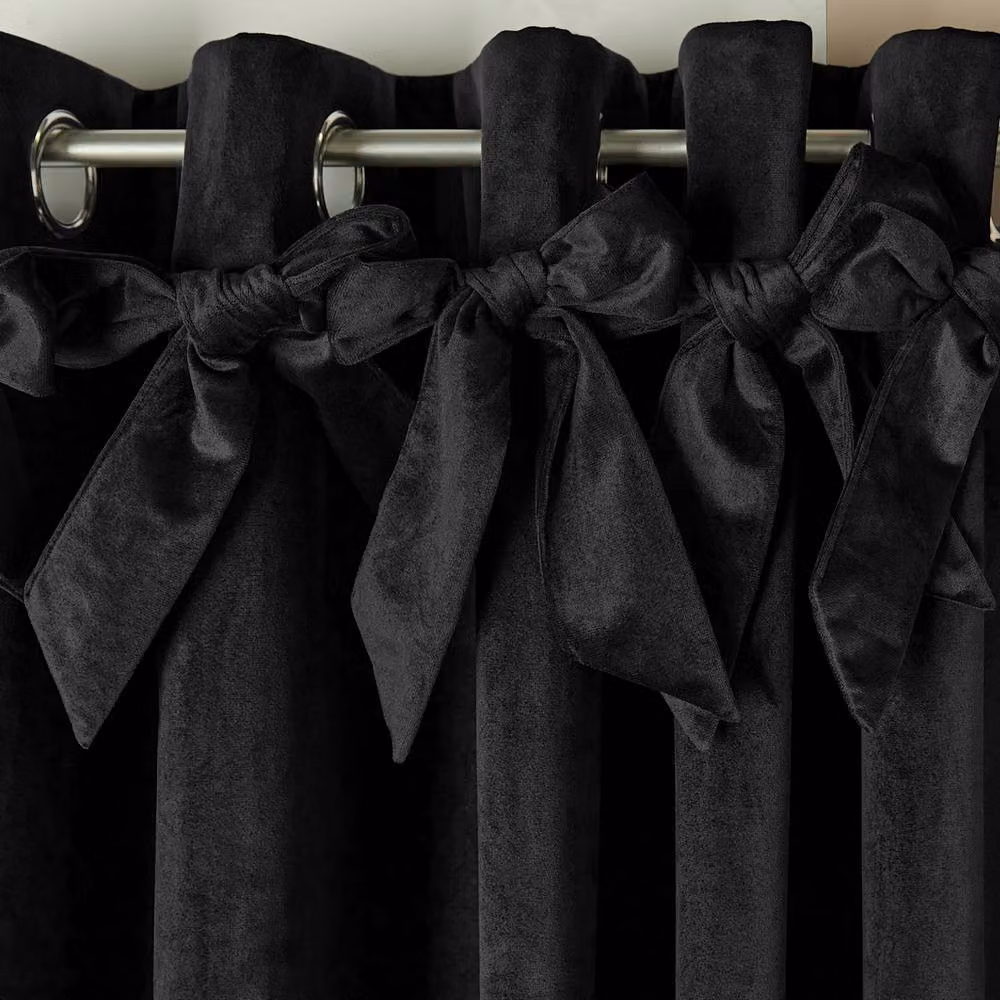OHS Pair of Black Velvet Bow Décor Eyelet Curtains, Width: 168 cm, Drop: 183 cm – 2