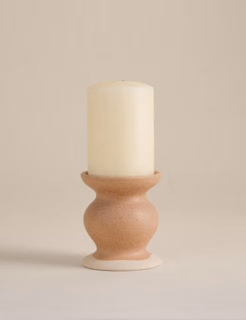 M&S Shaped Ceramic Pillar Candle Holder in Beige and Multicolour