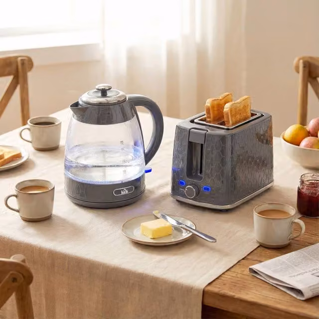 HOMCOM Grey Kettle and Toaster Set with Limescale Filter and Crumb Tray – 1