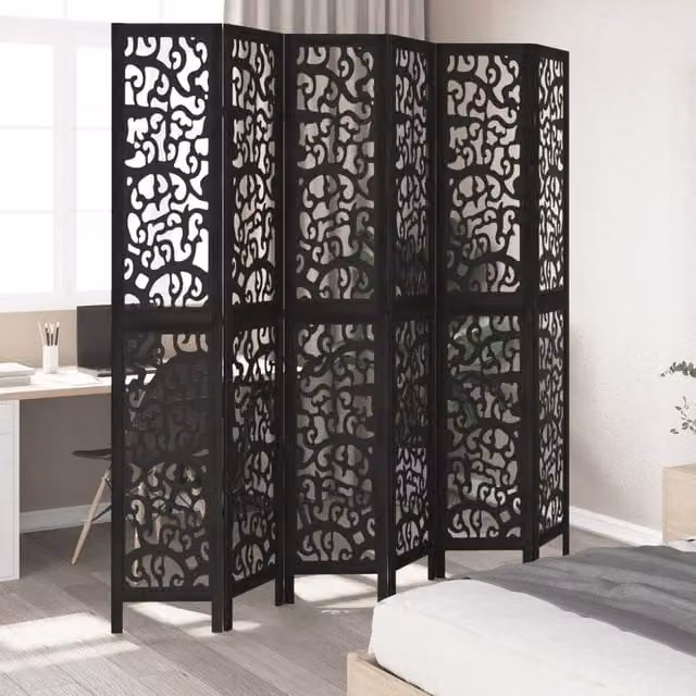 Berkfield Home 6 Panel Black Solid Paulownia Wood Room Divider – 1