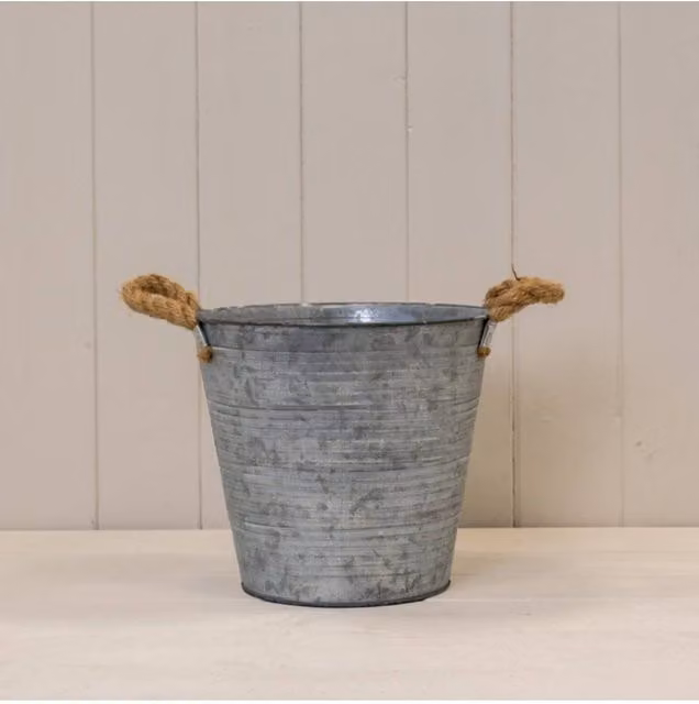 KDMD Grey Galvanised Steel Zinc Bucket with Drainage Holes and Hessian Ears