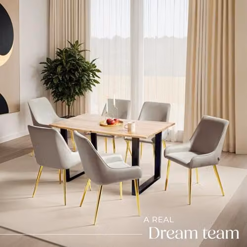 tectake Set of 4 Modern Dining Chairs with Armrests in Taupe Velvet Fabric and Metal Legs – 2