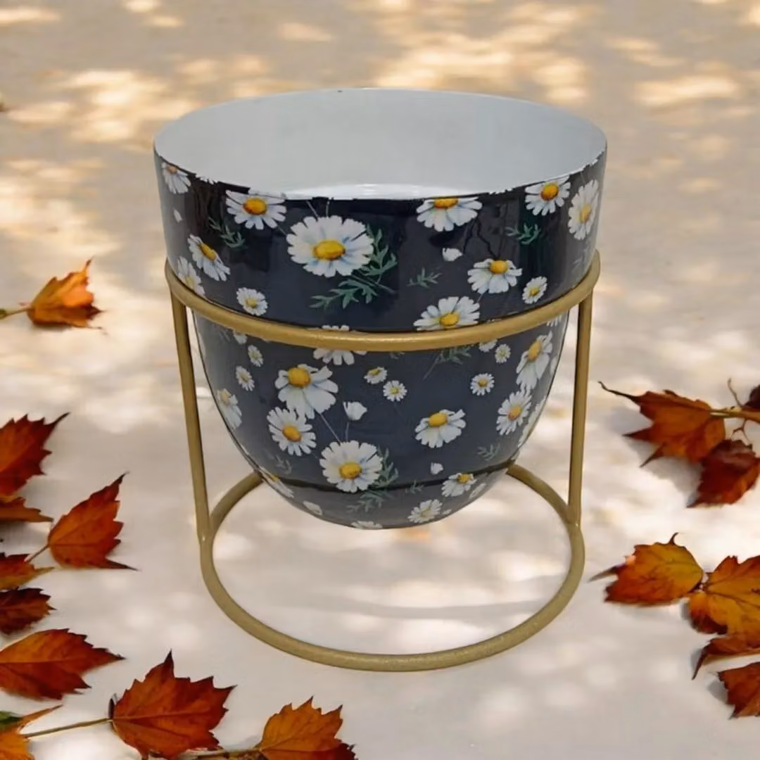 Minster Metal Flower Print Design Planter with Stand, Black, W: 13 cm, D: 13 cm, H: 13 cm – 2