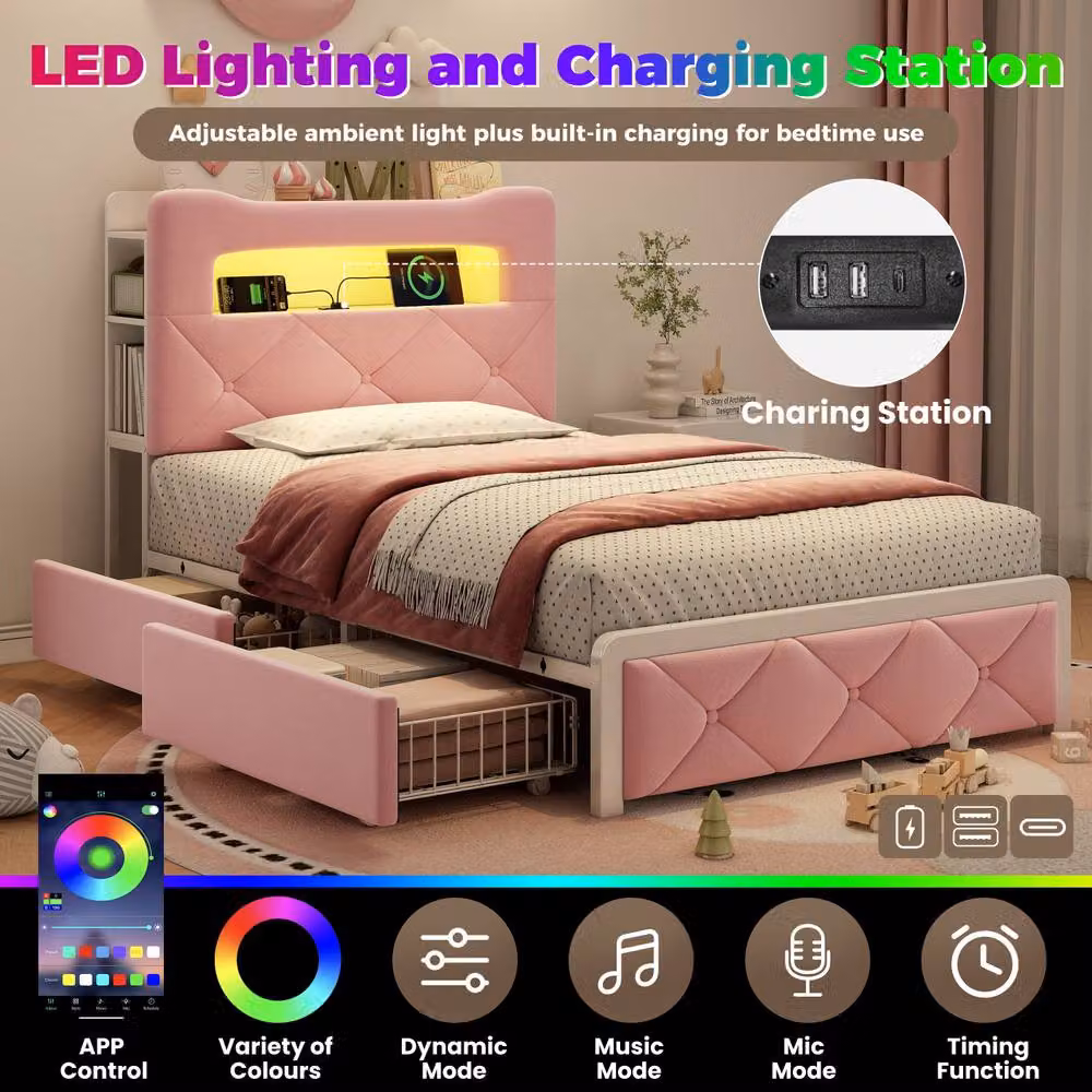 BTM Single Velvet Upholstered Bed in Pink with LED Under-bed Lighting, USB Charging Port and 2 Drawers, W/D/H: 90 x 190 x 112 cm – 2