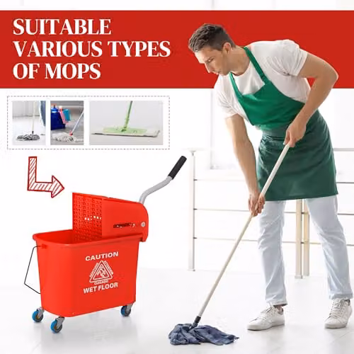 HOMCOM 20L Compact Plastic Mop Bucket with Wringer and Wheels in Red – 6