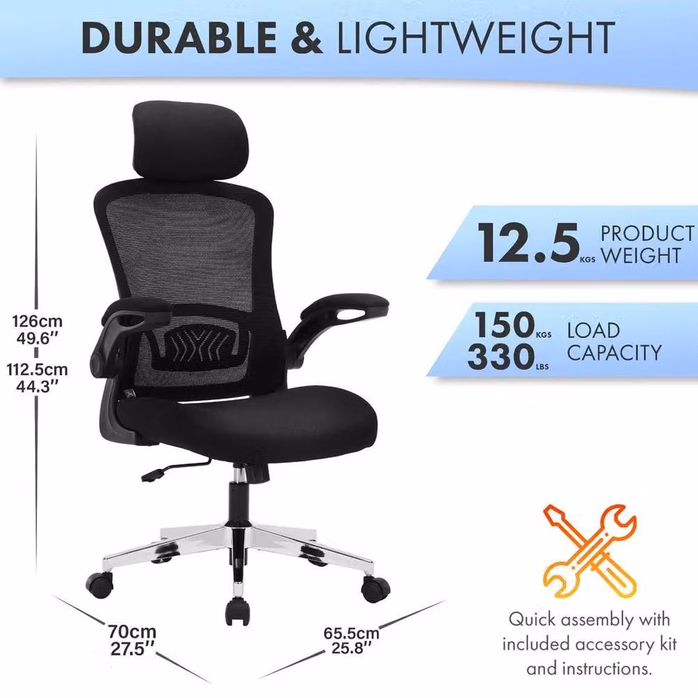 EONLION Model 744 Ergonomic Office Chair in Black and Silver with Headrest and Armrests – 2