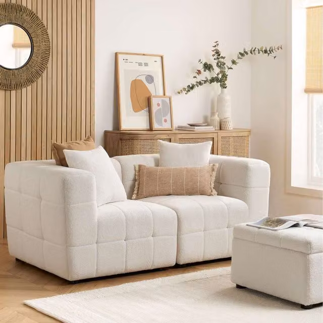 Birlea Cloud Upholstered Bouclé Sofa and Matching Ottoman in White