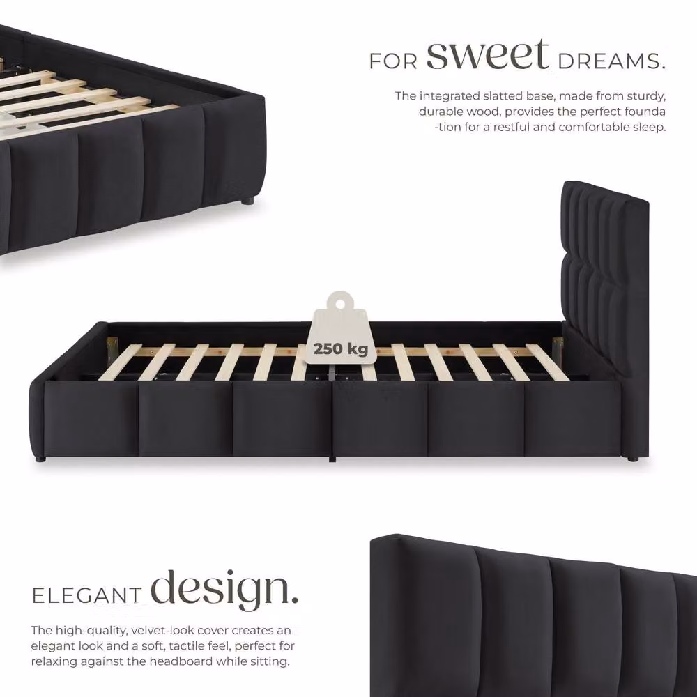 tectake Shirley Upholstered Double Bed with Lift Up Base and Slatted Frame in Black, W/D/H: 140 x 200 cm – 3