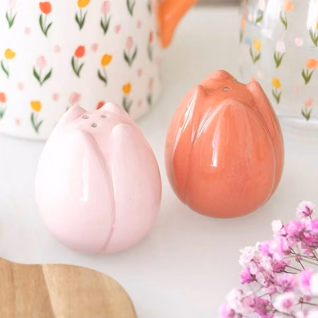 Uniqueful Tulip Shaped Ceramic Salt and Pepper Shakers Set in Pink Multicolour Floral Design