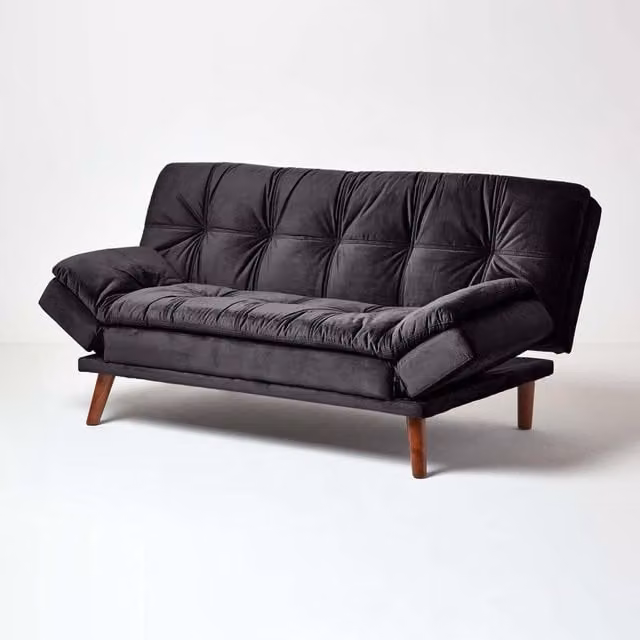Homescapes Bailey Velvet 2 Seater Click Clack Sofa Bed in Black or Grey, W/D/H: 185 x 115 x 91 cm