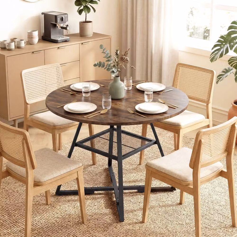 STILVORA Round Industrial Dining Table for 4 with Storage Shelf in Brown and Black – 3