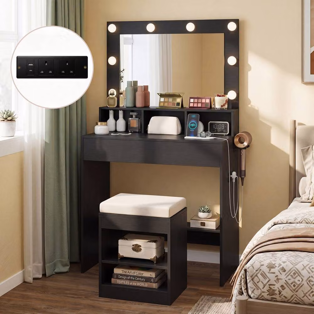 Costway Makeup Vanity Desk Set with Hollywood LED Mirror, Dressing Table and Stool in Black – 5